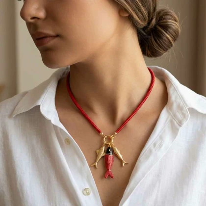 گردنبند طرح زارا مدل ماهی طلایی و میناکاری