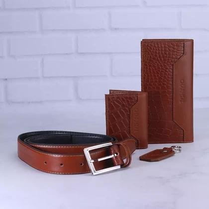 ست هدیه 4 تیکه کیف و کمربند چرم مردانه چرمسال 183