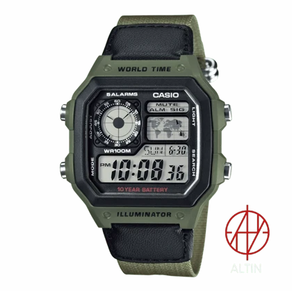ساعت مچی دیجیتال کاسیو Casio مدل AE-1200WHB-3BVDF سری World Time – بند برزنتی سبز ارتشی