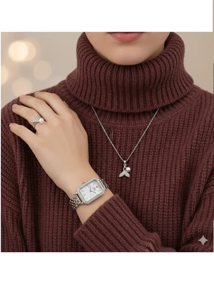 ست زنانه ساعت و گردنبند و انگشتر مدل مروارید -نقره ای ویژه