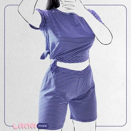 ست کراپ شرتک پنبه سوپر لاکرا گره‌ای رنگ آبی