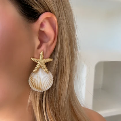 گوشواره‌های ساحلی ستاره دریایی فلزی و صدف طبیعی