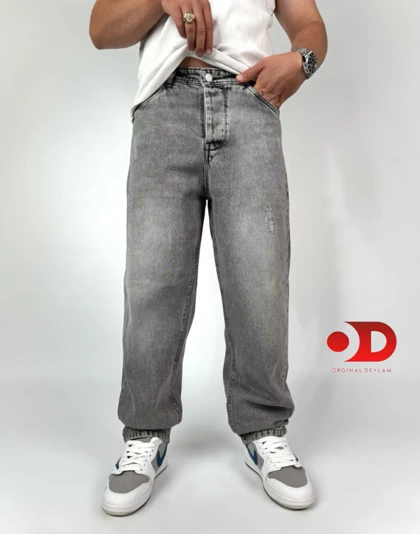 شلوار بگ طوسی روشن مردانه پارچه جین پنبه کجراه سنگشور گرماژ بالا با قد 110 سانت کد b189