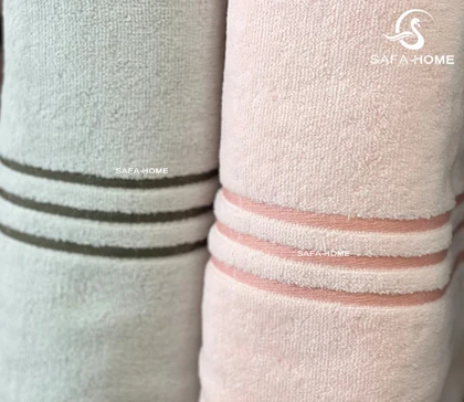 ست حوله عروس و داماد مدل لاین طوسی‌سبز و صورتی