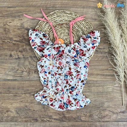 تاپ ساحلی دخترانه سفید گل‌دار