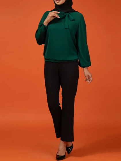 بلوز زنانه آستین بلند یقه کرواتی مچ کشی کرپ 40105