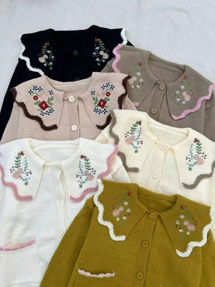 ژاکت بافت عروسکی یقه گلدوزی کد 5416