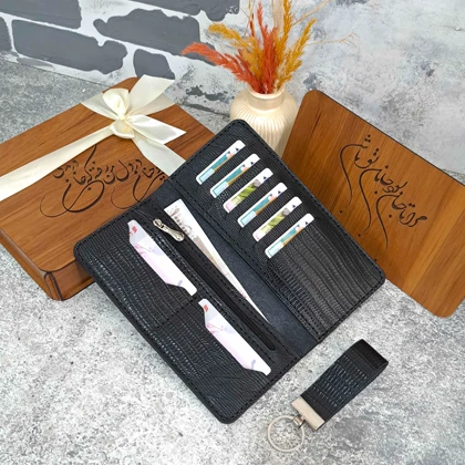 ست هدیه چرم کیف پول چرم مردانه دستی چرم طبیعی لیزارد مشکی