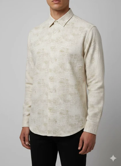 پیراهن مردانه آستین بلند کنفی طرحدار کرم 201