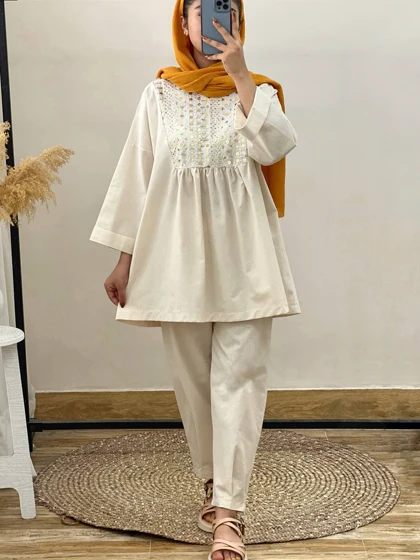 ست لینن جلو چین‌دار با خرجکار هندی کد 2917