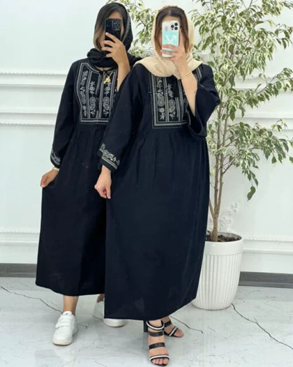 پیراهن لینن گلدوزی آستین کیمونو مشکی 6023