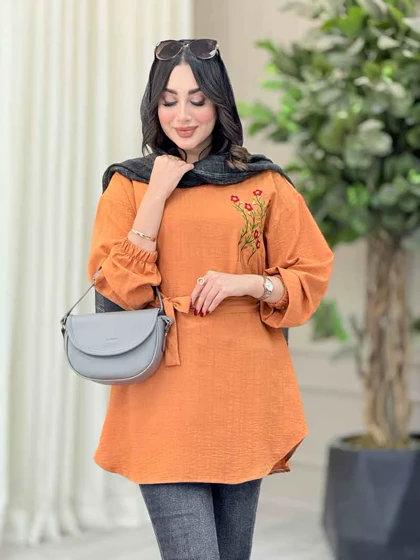 مانتو گلدوزی جلوبسته کمردار
