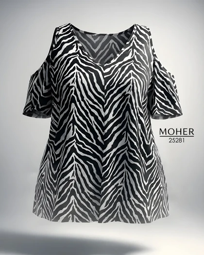 تیشرت سرشانه‌باز زنانه سایز بزرگ طرح زبرا مشکی سفید