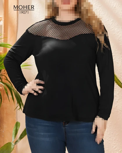 بلوز زنانه سایز بزرگ پنبه‌ای با یقه توری