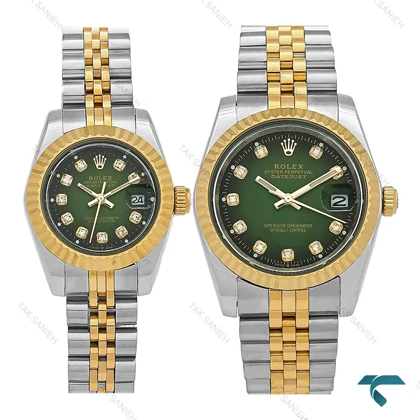 ساعت رولکس ست دورنگ طلایی صفحه سبز مشکی ایندکس نگین Rolex-7983-S