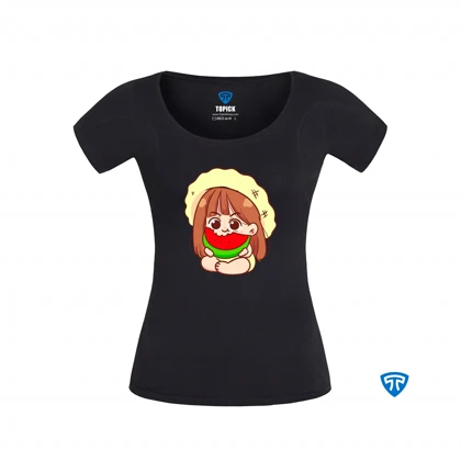 تیشرت ضدتعریق زنانه مشکی طرح دختر بچه کلاه زرد