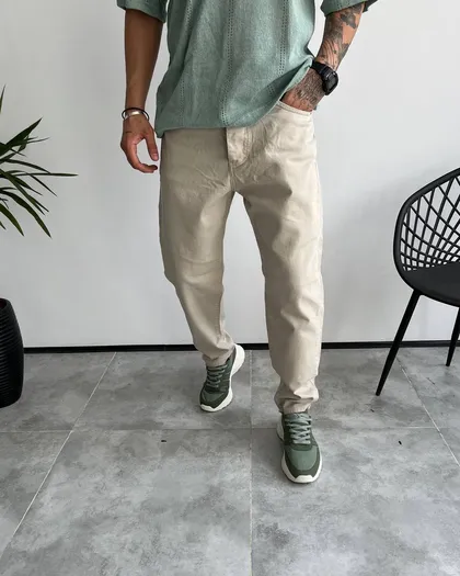 شلوار جین کتان مام استایل رنگ استخوانی تیره JACK&JONES