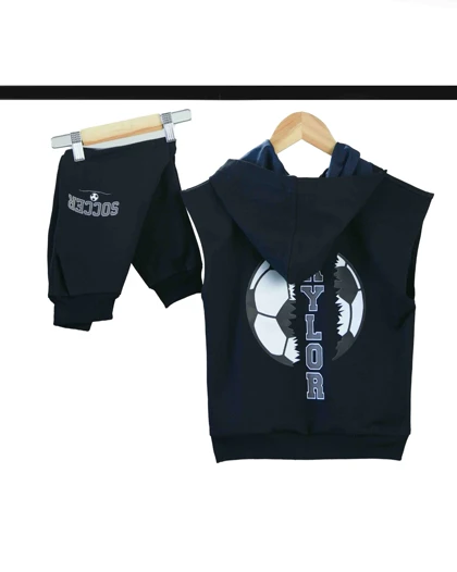 ست جلیقه کلاهدار و شلوار سرمه ای طرح فوتبال