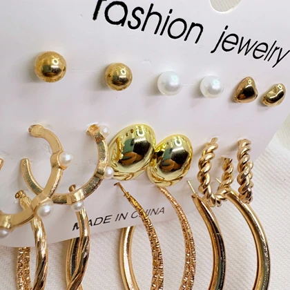 پک 9 جفتی گوشواره طلایی مدل «جامع» | ترکیبی از میخی، حلقه‌ای و فانتزی (اقتصادی)