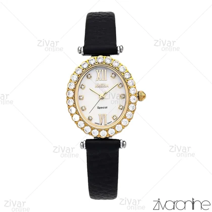 ساعت الکسا اسپشیال A2008 زنانه قاب دورنگ طلایی دور نگین بند چرمی 106220
