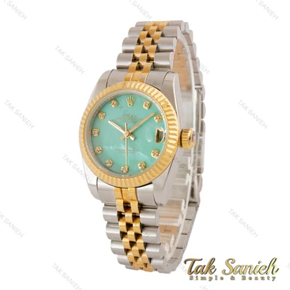 ساعت رولکس زنانه دورنگ طلایی صفحه سبز آبی صدفی Rolex-5038-S-L
