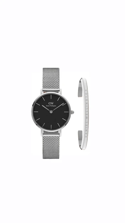 ست ساعت دنیل ولینگتون حصیری زنانه نقره ای صفحه مشکی با دستبند Daniel Wellington Silver