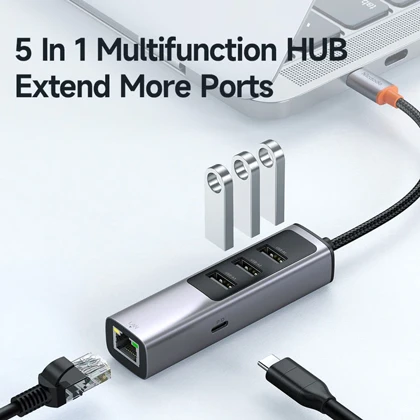 هاب تایپ‌سی با 5 پورت مک‌دودو MCDODO USB-C USB3.0x3+PD100WxRJ45 HU-111