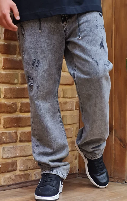 شلوار جین نیم بگ پارچه ترک طوسی زاپ‌دار