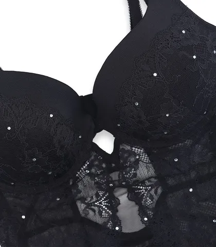 بادی فانتزی کاپ‌دار جک دار فنردار دانتل و توری نگین‌دار Neev نیو کد Kiss مشکی Black