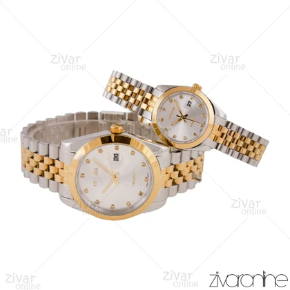 ست ساعت سیتیزن دورنگ طلایی صفحه نقره ای نگین‌دار 105661