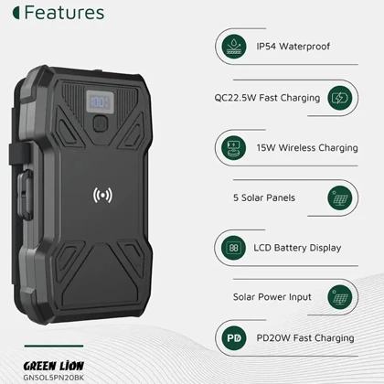 پاور بانک 20000 وایرلس خورشیدی گرین لاین GNSOL5PN20BK توان 22.5 وات