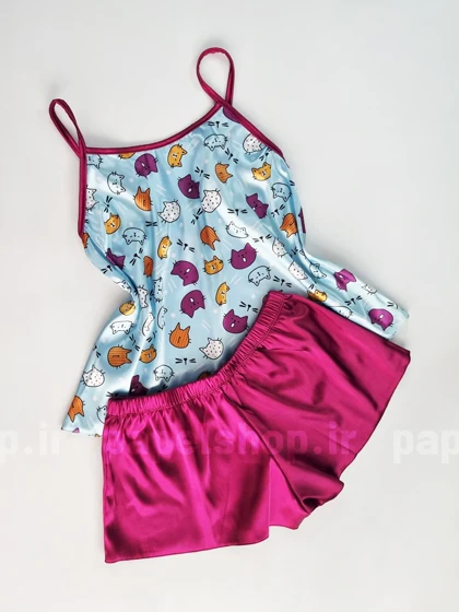 ست لباس خواب تاپ و شورتک ساتن طرح گربه رنگارنگ