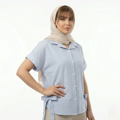 شومیز زنانه لینن راه راه آستین‌کوتاه باسکار