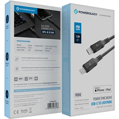 کابل شارژ تایپ‌سی به لایتنینگ 30 وات پاورولوژی Powerology PCAB018GY PC018
