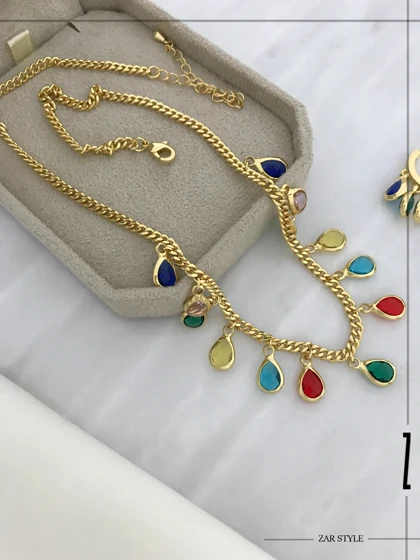 گردنبند آویز نگین اشکی مولتی کالر زنجیر کارتیه