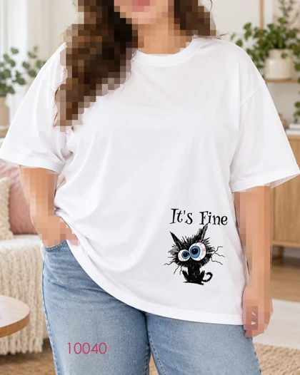 تیشرت سایز بزرگ سفید طرح گربه کلافه It’s Fine