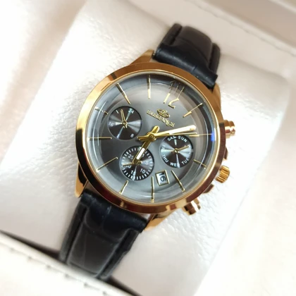 ساعت چرمی زنانه الگانس طرح سه موتور تقویم دار بند مشکی صفحه طوسی