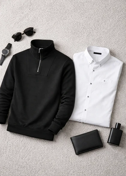 پکیج دورس مردانه نیم زیپ مدل Behbod-مشکی + پیراهن مردانه سفید مدل VQ
