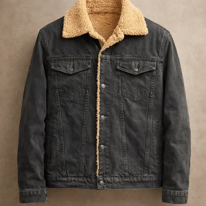 کت جین زغالی مردانه با یقه و آستر خز (شتری) _ اورجینال دیلم