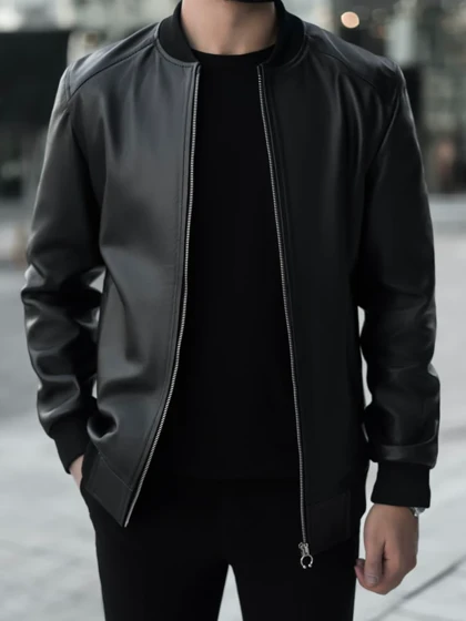 کاپشن چرم طبیعی مشکی j151