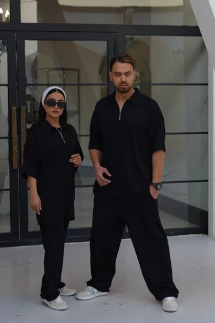 ست تیشرت شلوار مراکشی یقه نیم زیپ