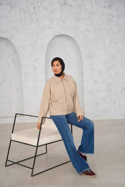 بامبر ژاکت زنانه سبک جنس فوتر دو تن جیب‌دار قد 55