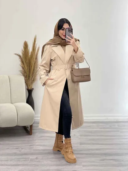بارانی بلند چهاردکمه کمردار