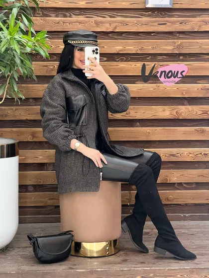 پالتو طرحدار جیب چرمی