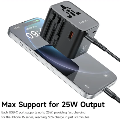 تبدیل پریز و شارژر دیواری مسافرتی USB و تایپ‌سی 25 وات مک‌دودو CP-3260 با کابل تایپ‌سی به تایپ‌سی