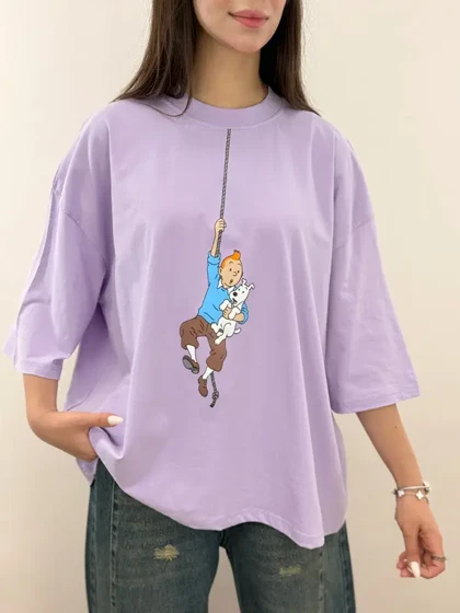 تیشرت باکسی نخ پنبه رنگ پاستیلی طرح کارتونی تن تن و میلو (Tintin) آلما