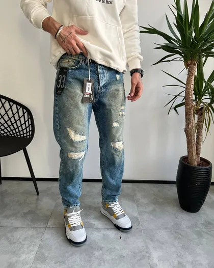 شلوار مام فیت ابی کثیفشور زاپ‌دار LEVIS