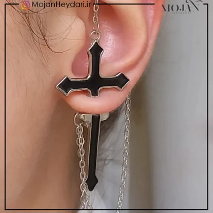 گوشواره صلیب آویز دار مشکی کد607
