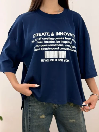 تیشرت باکسی اورسایز رنگی چاک‌دار طرح CREATE & INNOVATE آلما