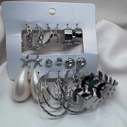 پک 9 عددی گوشواره استیل مدل «ورایتی» (Variety Pack) | شامل حلقه‌ای، مرواریدی و طرح دریایی